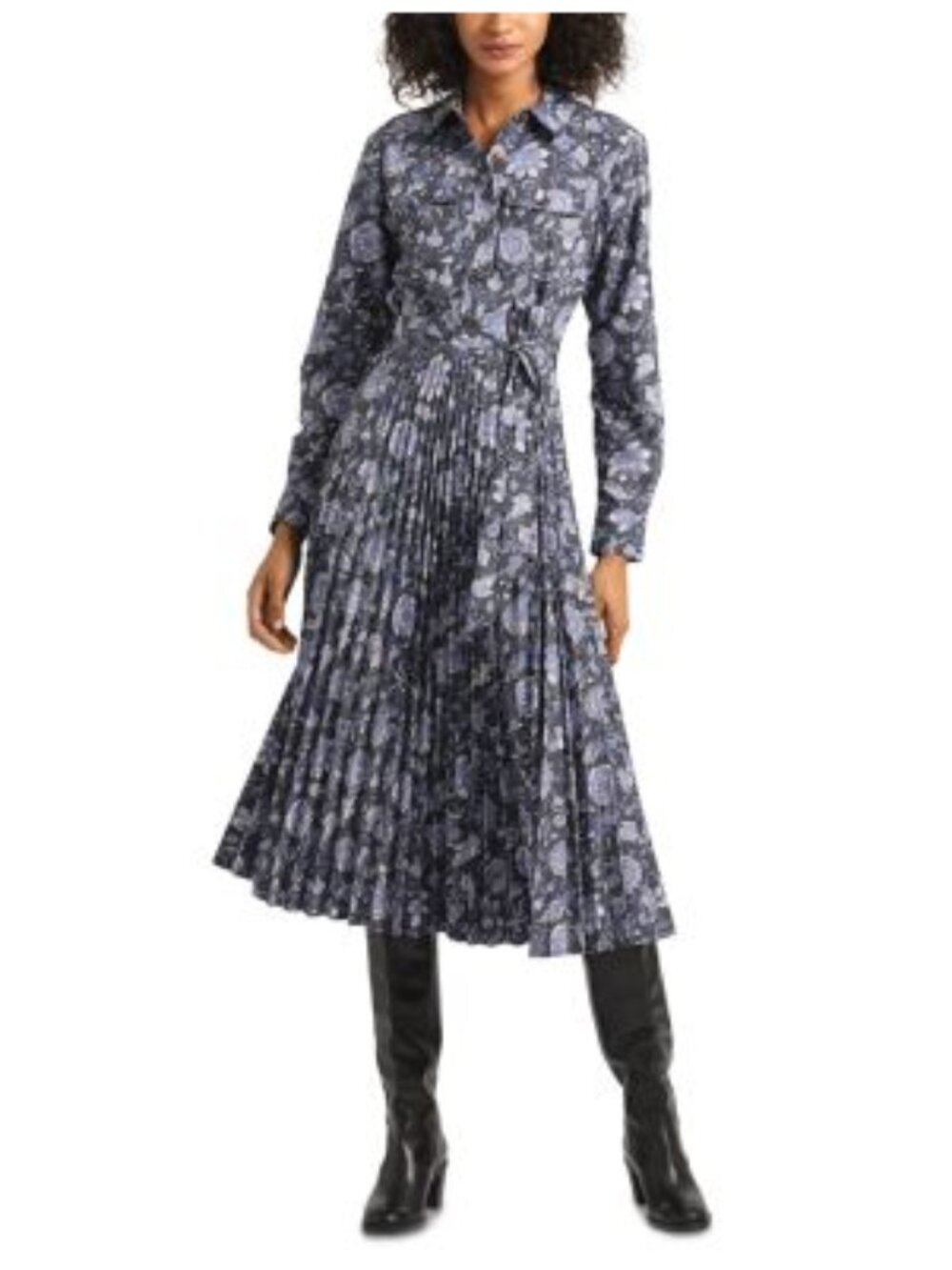 NWT Derek Lamb 10 Crosby Kenza Pleated Floral Midi Dress Navy Batik Size 8